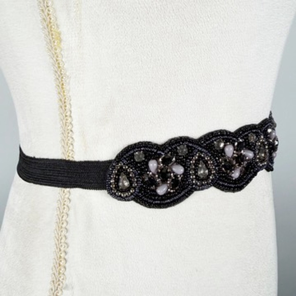 Stunning Special Occasion Statement Waist Belt Black Blue Beaded Stretch Size S main image 10